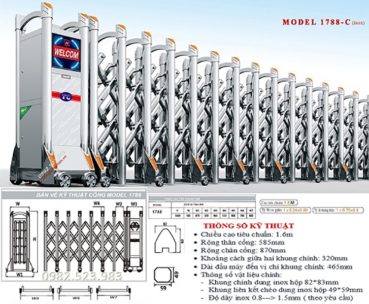 Cổng điện inox nhập khẩu model 1788-C