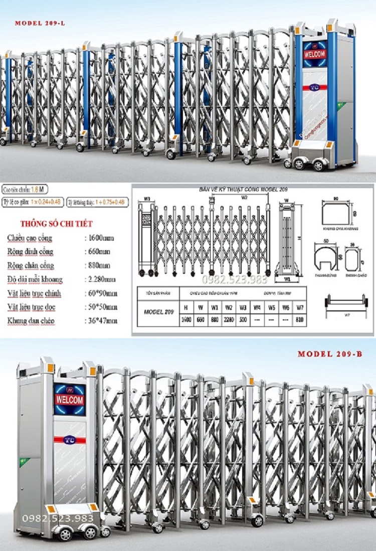 Cổng xếp điện inox model 209