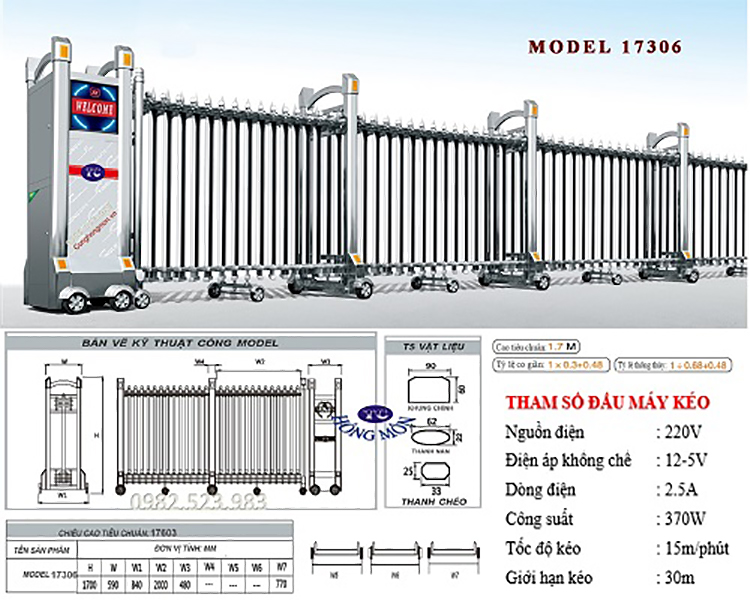 Thông số cổng xếp inox 304 model 17306