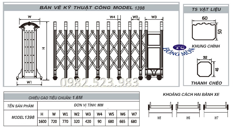 Bản vẽ thông số kỹ thuật cổng xếp 1398